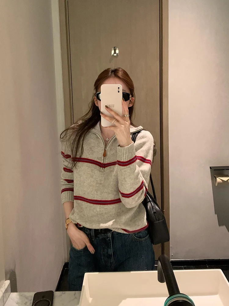 

Loose Korean Sle Long Sve Knitted Sweater Striped f Zip up Ne Spring Faionable Versatile Women's Top