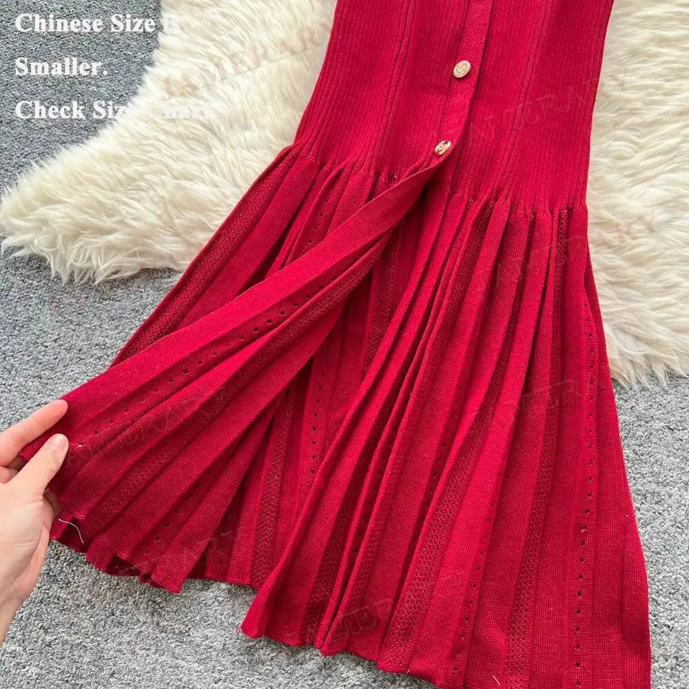 夏マーメイドニットロングドレス女性シングルブレストスリット半袖ニットセータードレス女性