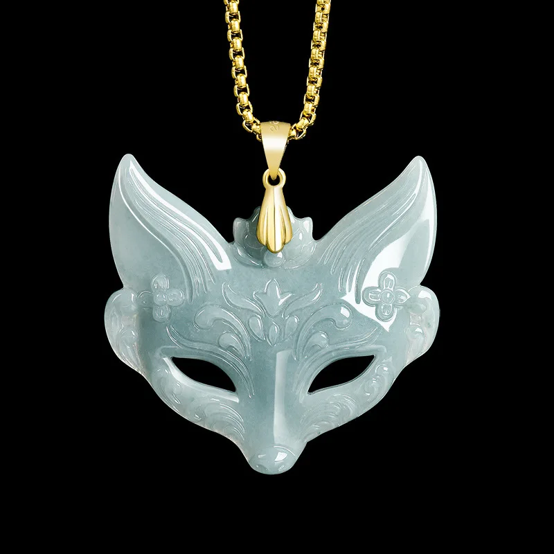

Type A Jadeite Blue Water Fox Mask Pendant - Nine-Tailed Fox S925 Silver Unisex Necklace, Mystical Jewelry