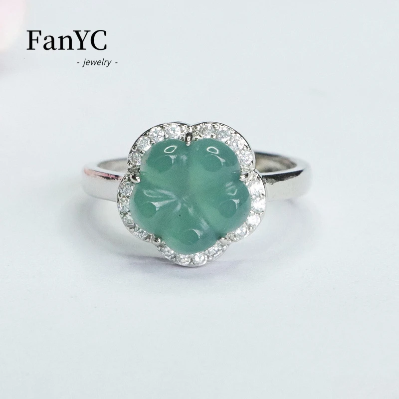 Natural A-goods Jadeite Blue Water Flower Ring Beautifully Carved Fashion Luxury Jewelry Holiday Gift