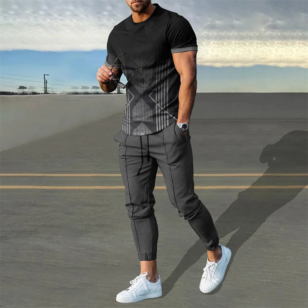 Men Summer T Shirt Pants Sets Print Tracksuits Oversized T-shirts Sweatpants Suits Male Sportswear Trousers Outfits Men Clothing