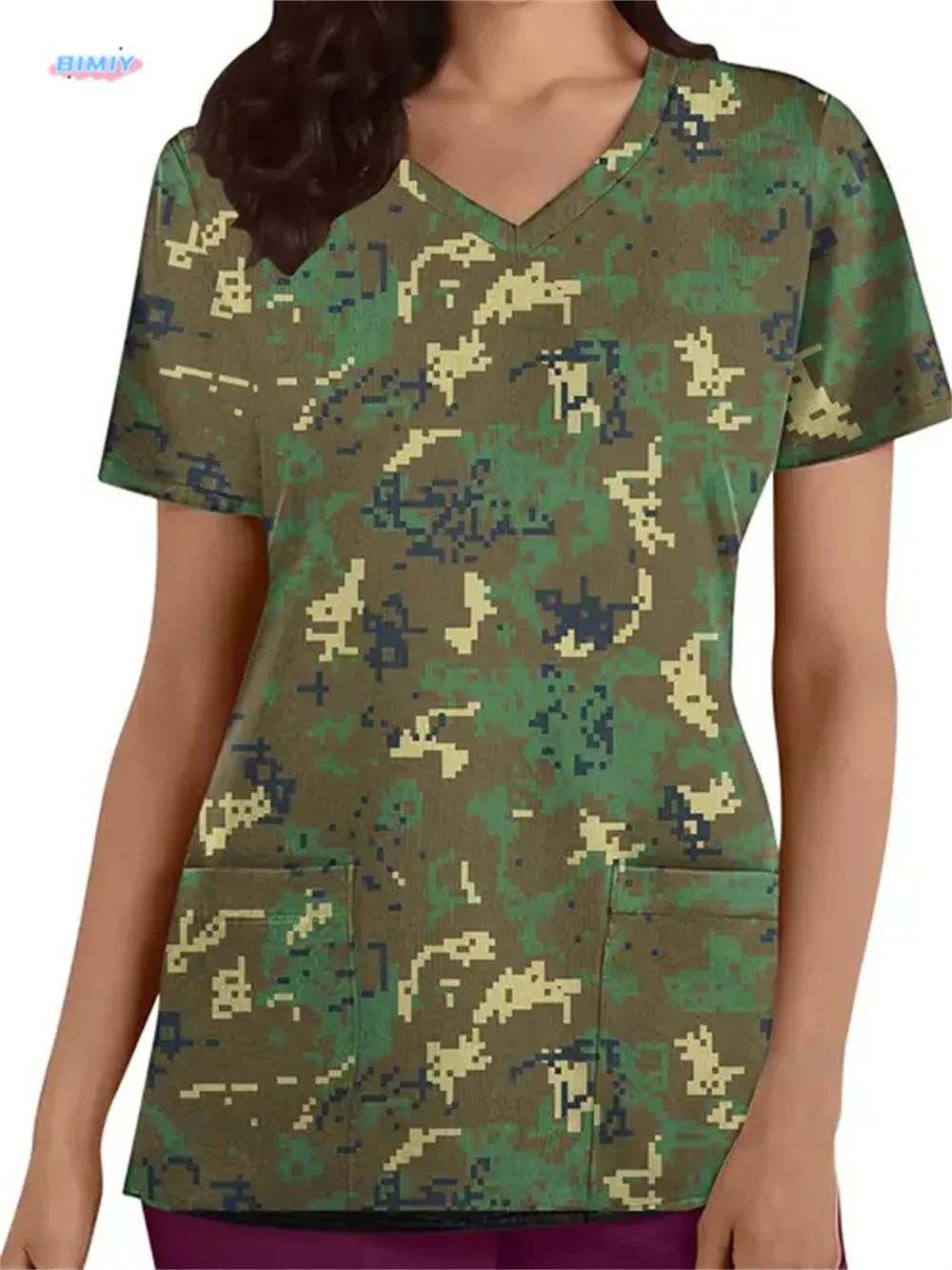 Top opaco da donna stampato di alta qualità abbinato a scollo a V Cartoon opaco uniforme sottile da infermiera Top da donna maniche corte tono sano