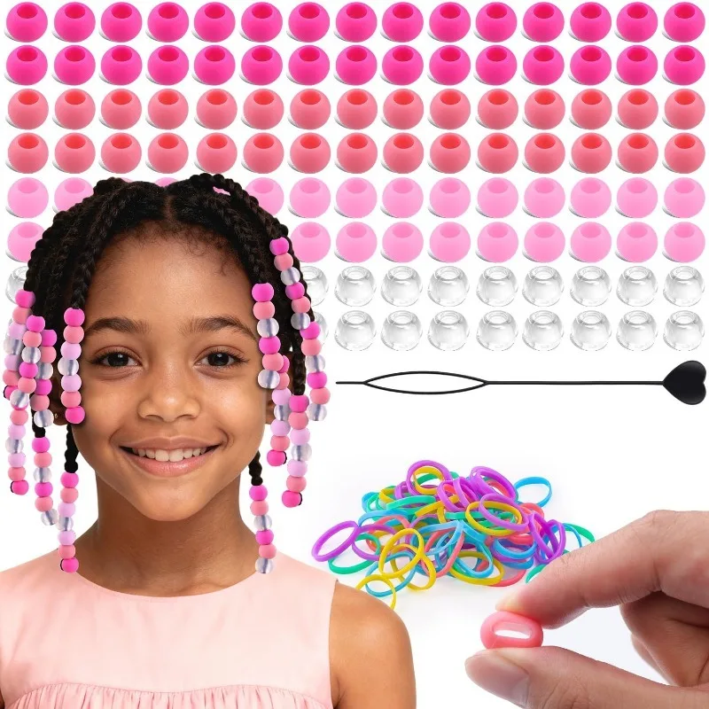 120Pcs Silicone Beads for Hair Braids, Large Hole 7mm Soft Pony Beads for Kids Girls, Rubber Bands & Beader Tool Included for Br
