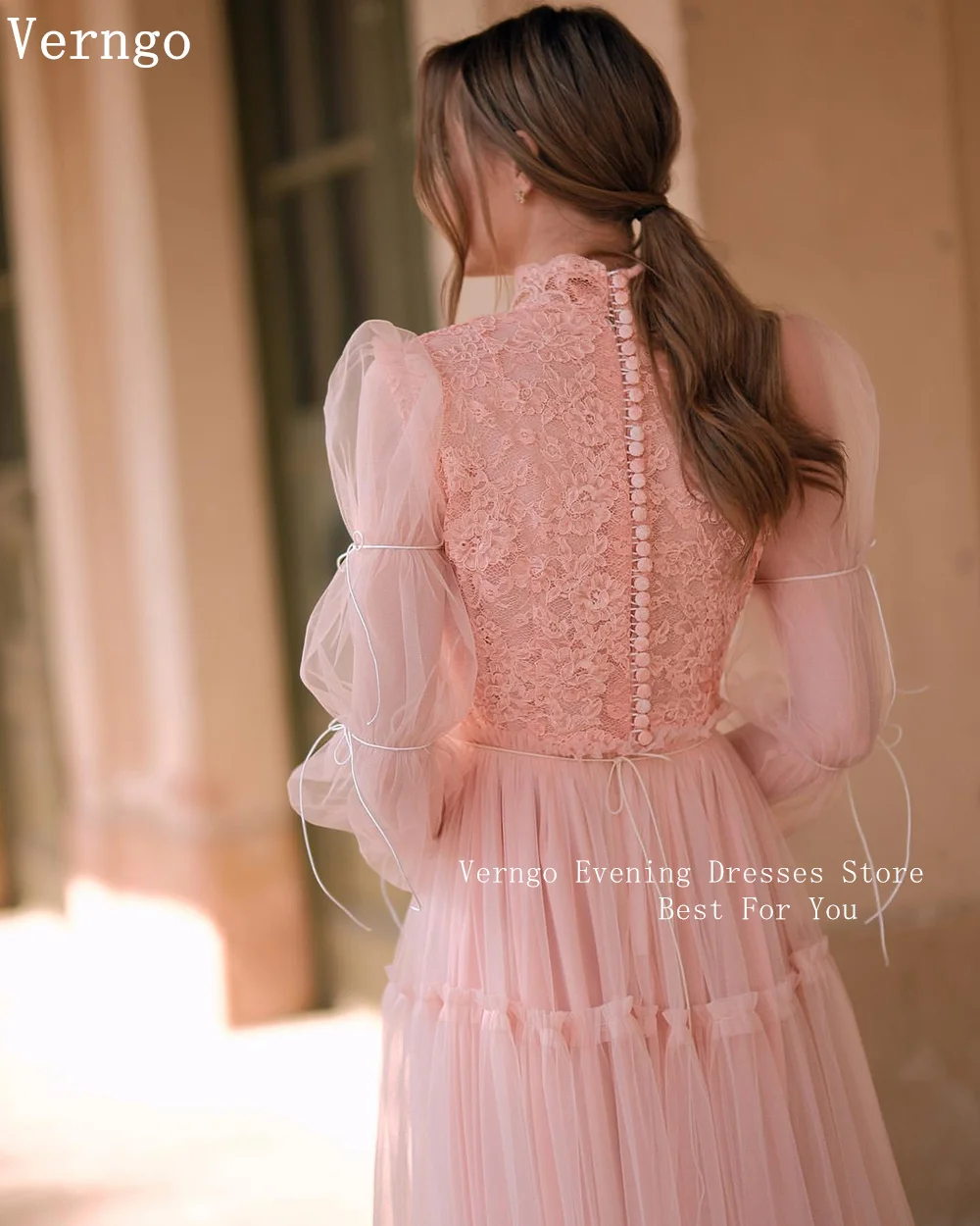 Verngo Blush Pink Tulle Evening Dress Elegant Lace A Line Formal Occasion Dresses Botton Maxi Wedding Party Dress Customized