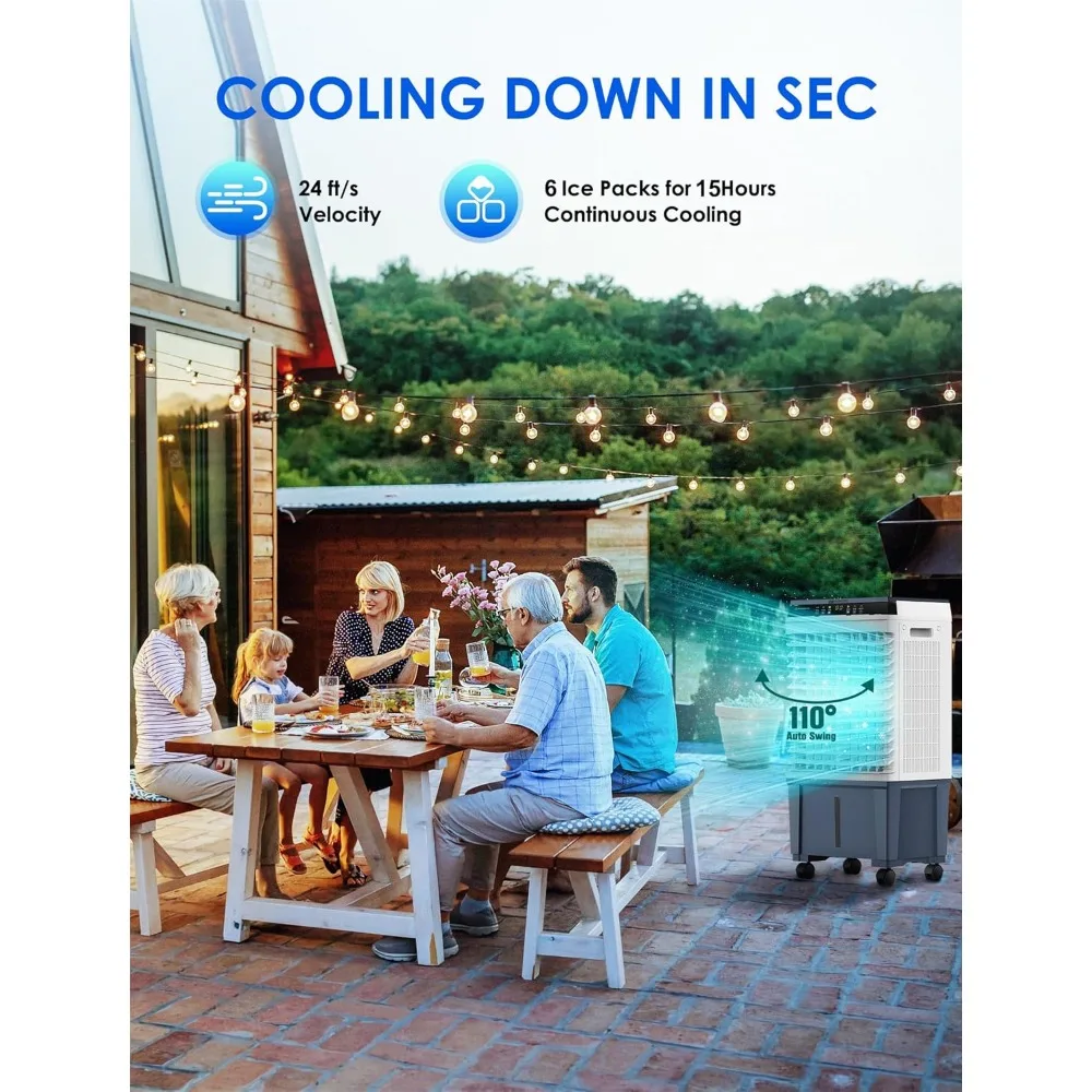 مبرد هواء تبخيري محمول، مبرد مستنقع 1800 CFM مع 6 صناديق ثلج وخزان مياه 5.3 جالون، 110 °   أرجوحة، جهاز تحكم عن بعد مطور