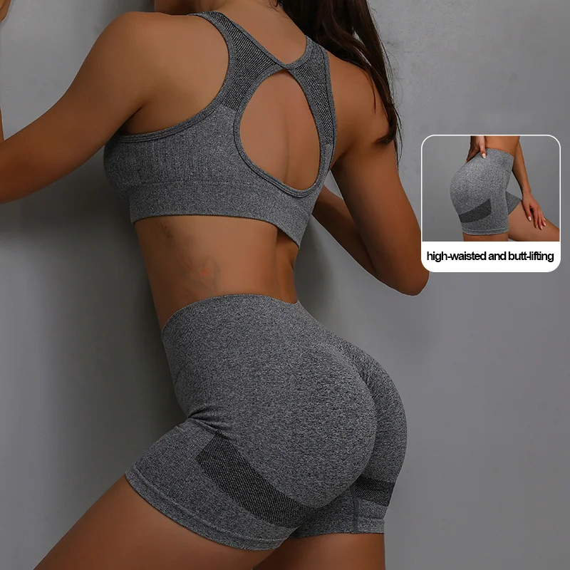 Women's Sports Fitness Yoga Suit Set Breathable Elastic Shorts Peach Bottom Smiling Face Design Beautiful Back Bra Yoga Pant view 3