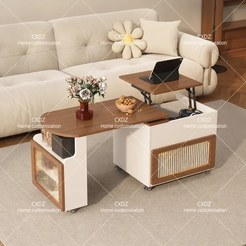 Solid Wood Coffee Table Rotating Lifting Edge Telescopic Folding Sofa Side Cabinet Small Apartment Mobile Household Tea Table