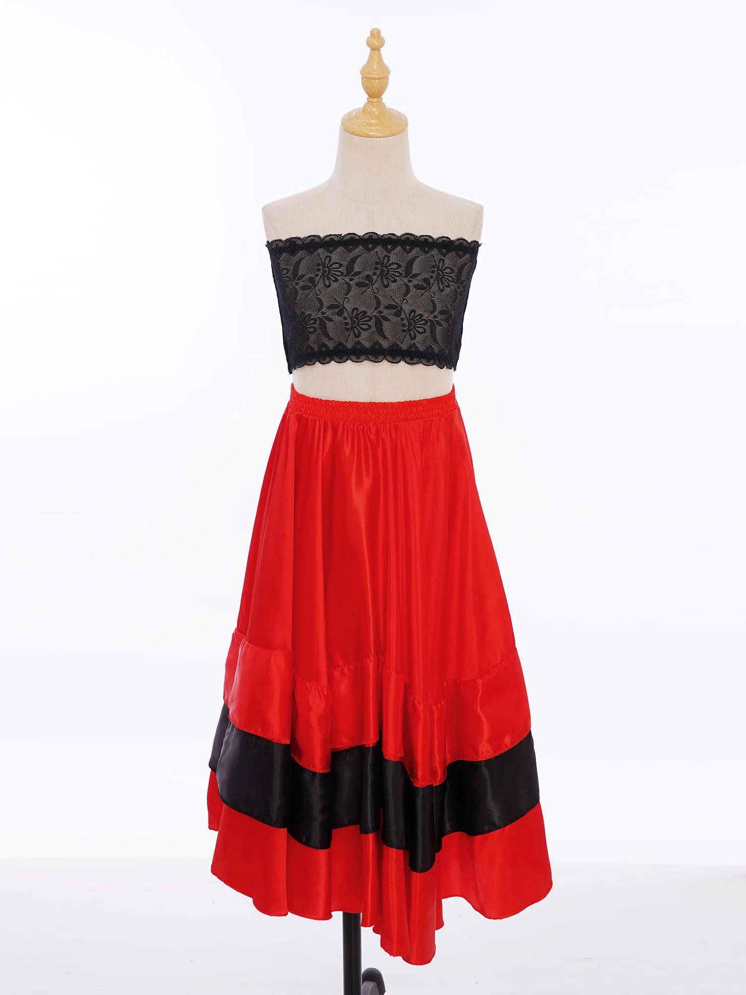 Robe de danse Flamenco espagnole pour enfants filles, haut tubulaire en dentelle à 180/360 degrés + jupe à ourlet large à volants de couleur contrastée + couvre-chef