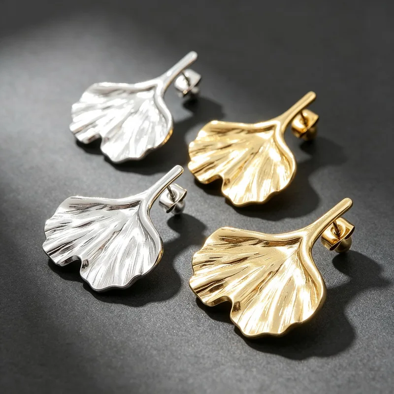 Kalen Stainless Steel Ginkgo Leaf Stud Earrings Gold Silver Tone 3D Embossed Leaf Dainty Botanical Ear Jewelry For Women