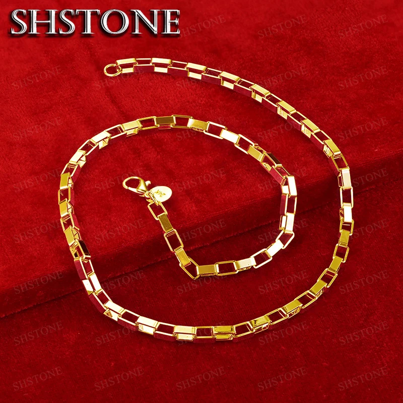 18K Gold 4mm Rectangle Link Chain Necklace For Women Men Engagement Wedding Fashion Jewelry Christmas Gift