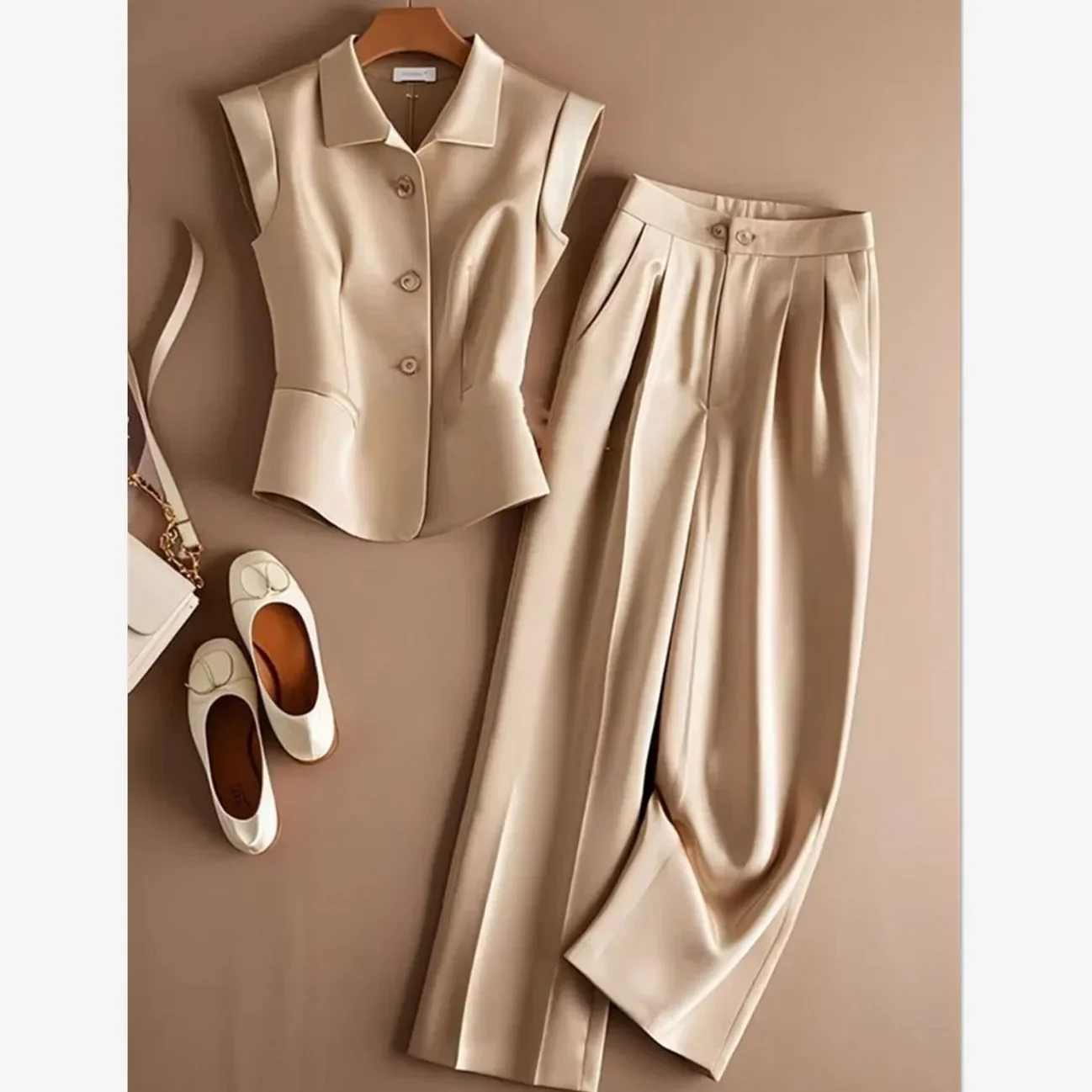 

New Elegant Office Lady Women's Suit Fashion Lapel Sleeveless Single Breasted Slim Tops + Wide Leg Pants Two Piece Sets Outfits