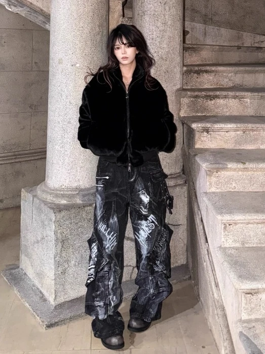 

Субкультура стиль Харадзюку, потертые морщинистые расклешенные джинсы, винтажные потертые свободные широкие брюки с высокой талией в готическом стиле для девочек