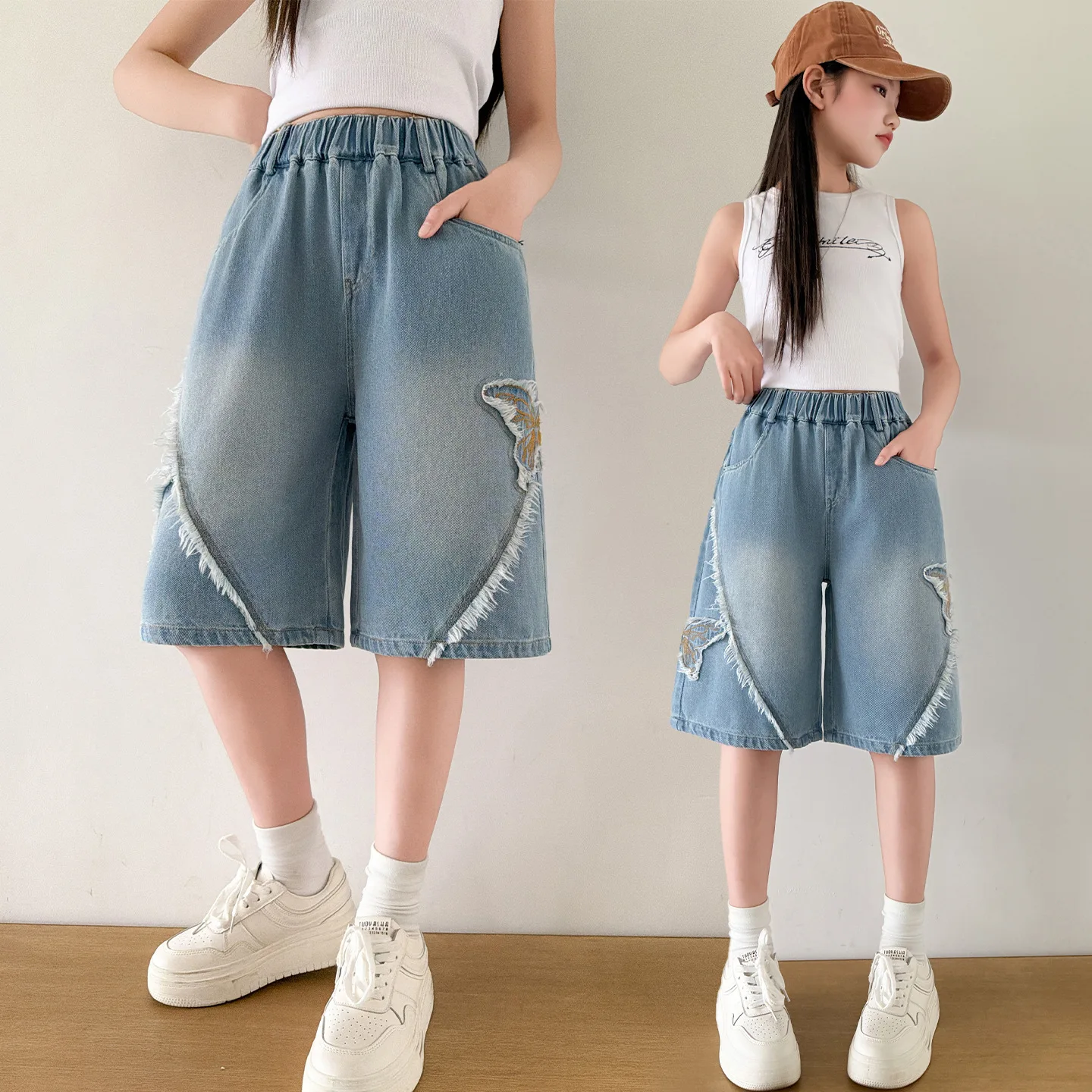 Kids Summer Denim Shorts with Side Butterfly for Tweens Girls Knee-Length Jeans Child Elegant Straight Leg Five-Quarter Pants
