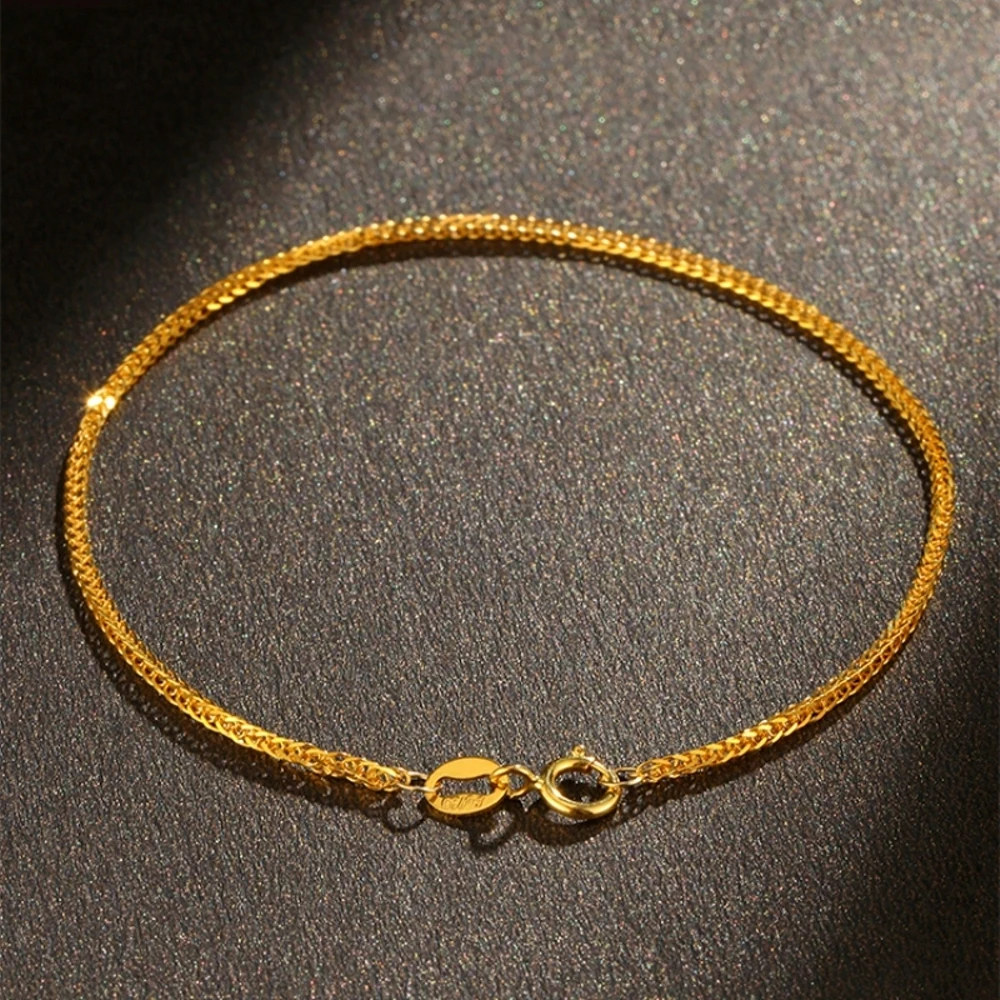 Real Pure 18K Yellow Gold Chain Women Lucky 0.9mm Solid Wheat Bracelet 15-24cm