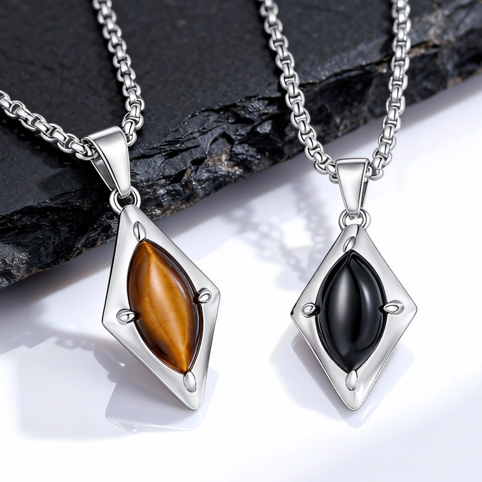 Trendige Geometrie-Halskette für Männer, hochwertige Edelstahl-Naturstein-Anhänger-Halskette, Geburtstagsgeschenk für Ehemann, Vater, ihn – Detail 2