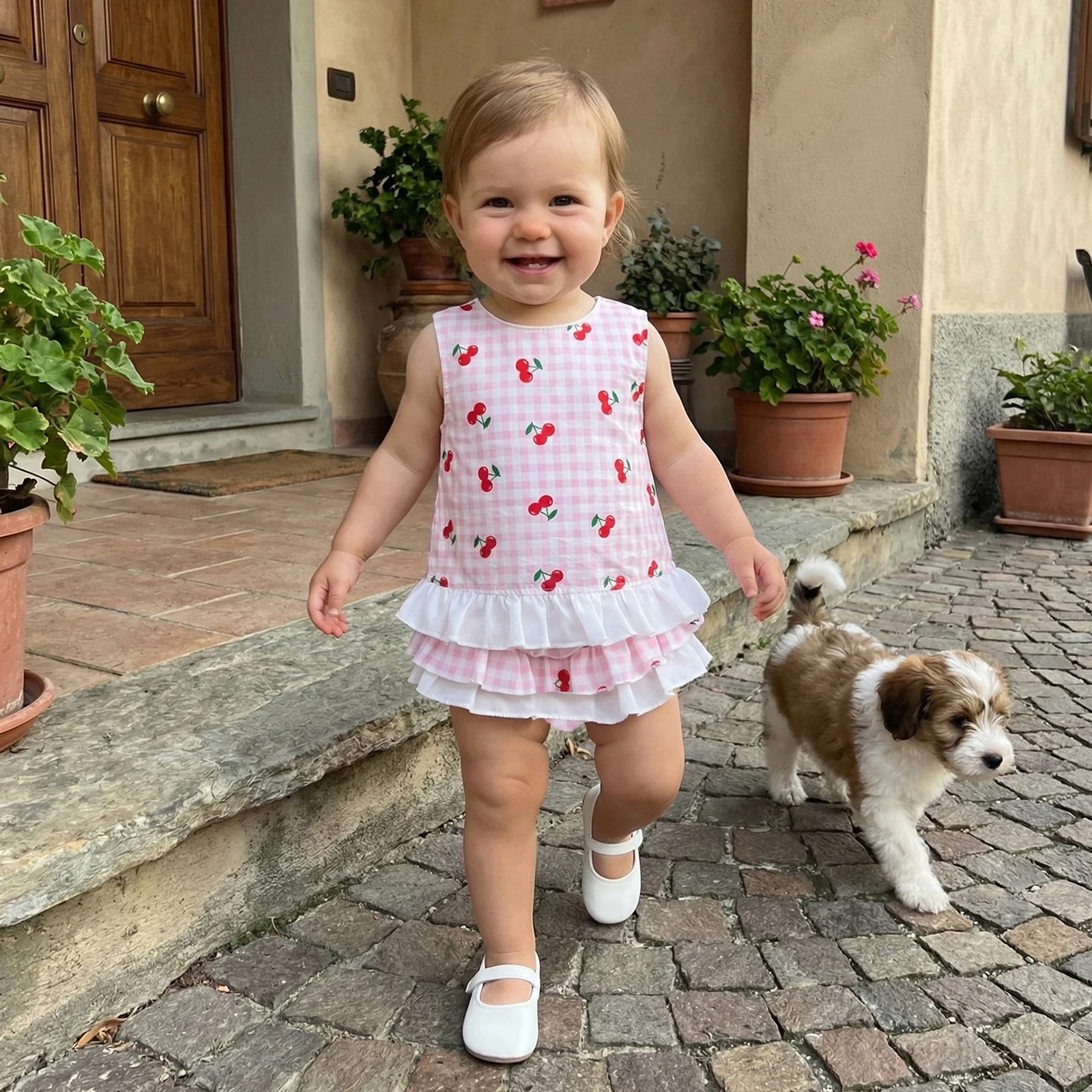 Baby Girls Summer Outfits Cherry Print Sleeveless Tank Tops Elastic Ruffled Bow Shorts Set Cute Baby Girls Clothes
