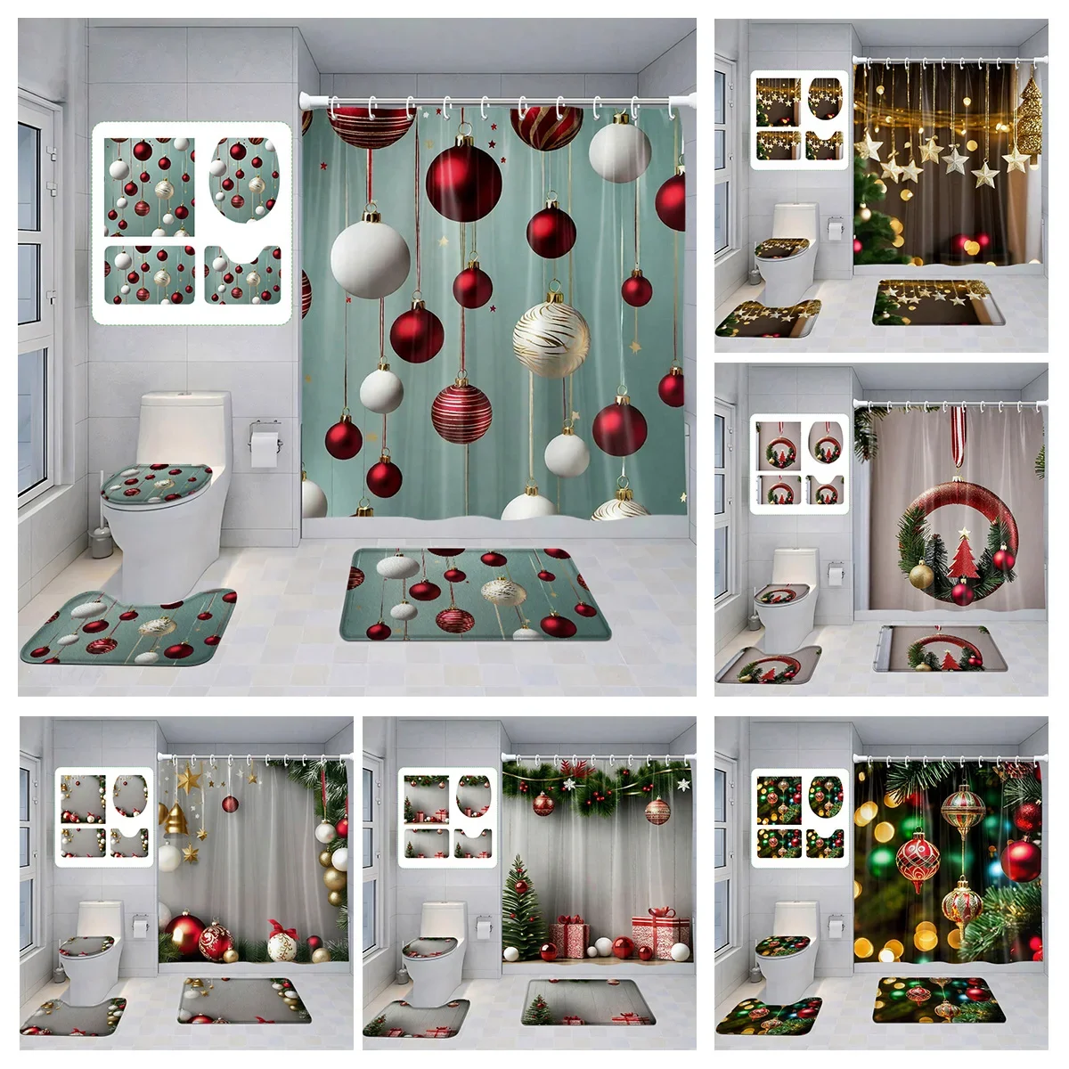 Home shower curtains bathroom Decora waterproof fabric non-slip bath mat water absorption curtain Modern Nordic Merry Christmas