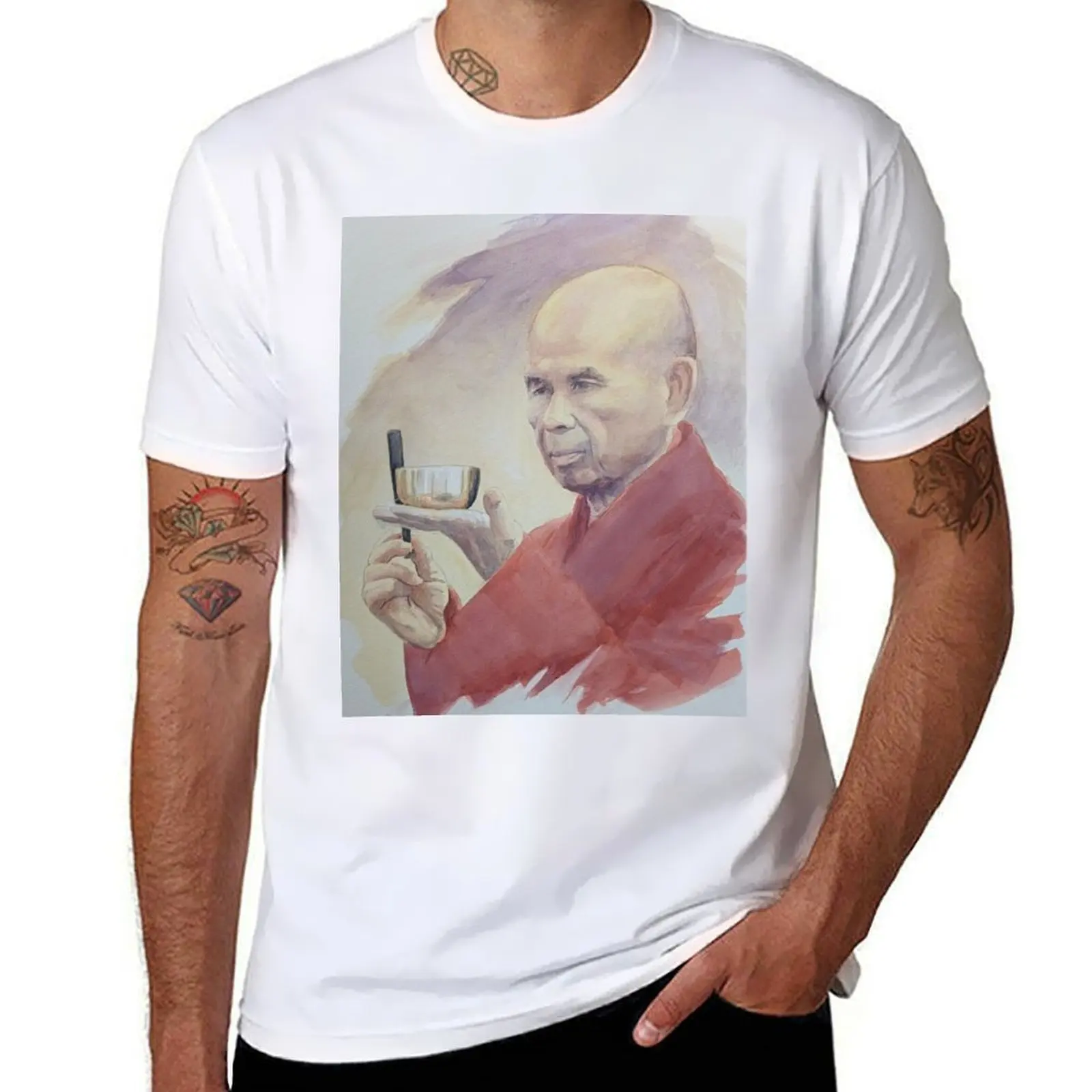 

Thich Nhat Hanh, Buddhist monk with bowl watercolor, Plum village T-Shirt t shirt man luxury T-Shirt