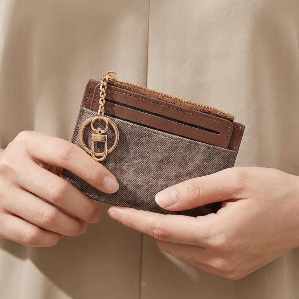Simple PU Leather Woman Wallet Thin Multi-card Slot Short Card Bag Multi-functional Keychain Cartoon Card Holder Lady
