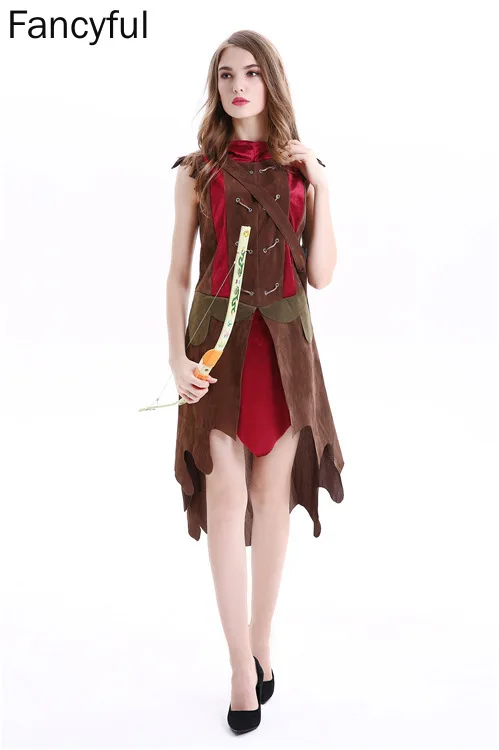 Vintage Huntress Costume Forest Hunter Little Red Riding Hood Robin Hood Cosplay Dress Outfit Clothing For Ladies Halloween