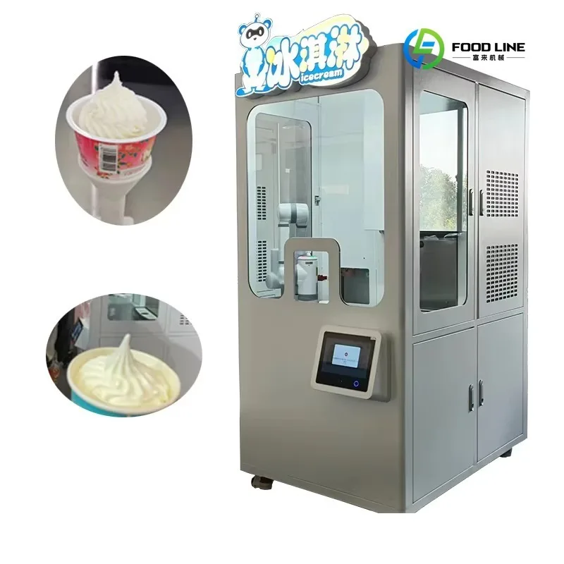 FL Custom Smart Fully Auto Self Service Soft Serve Ice Cream Robot Machines Vending With Coins Operated Robotic Arm Back Load