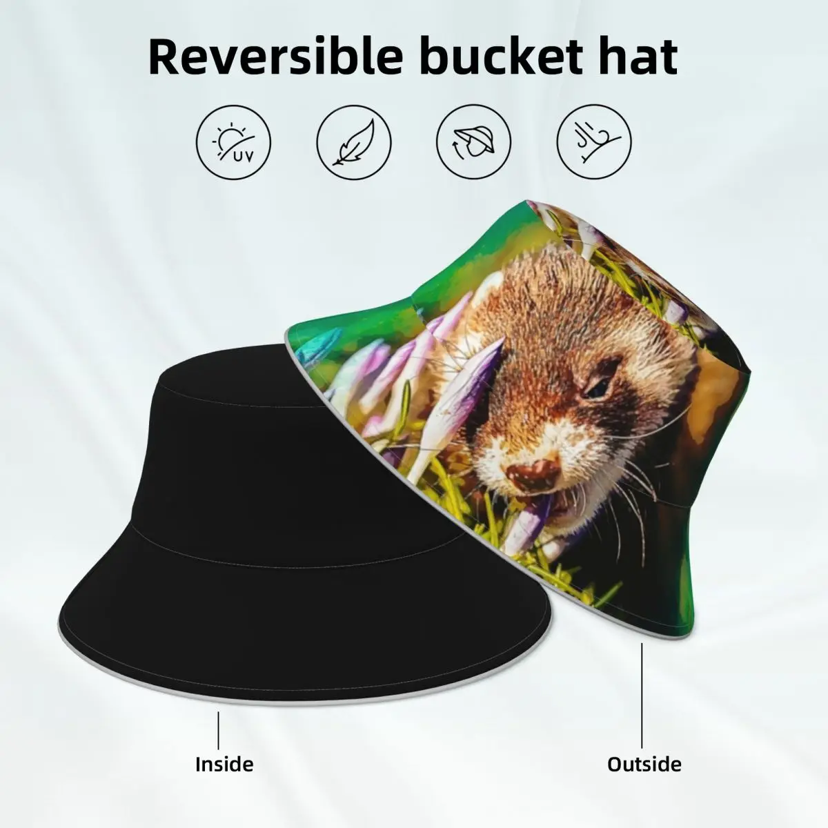 Funny Ferret Print Bucket Hat Spring Flowers Hiking Original Reflective Fisherman Hats Unisex Double-sided Wear Sun Hat