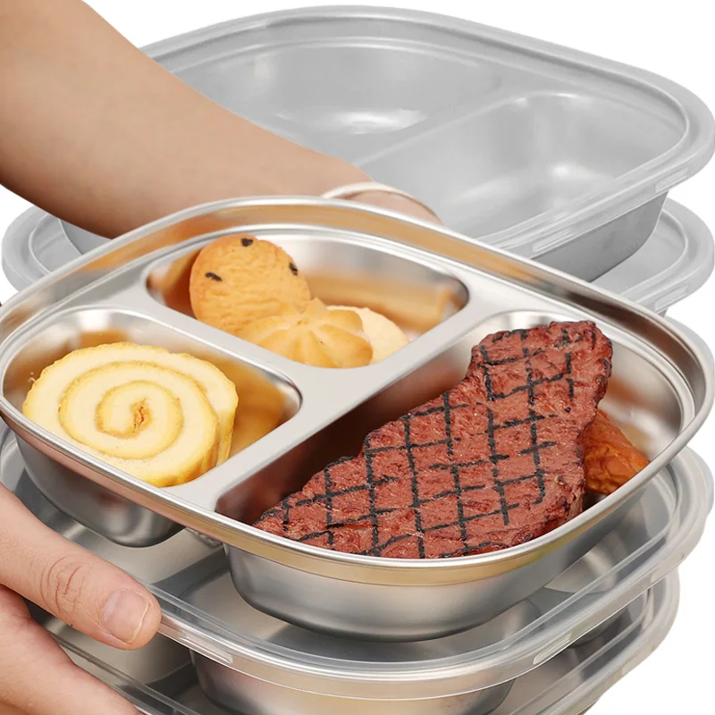 

Обеденная тарелка из нержавеющей стали с крышками, 3-сетка, студенческая детская посуда, сервировочный поднос, разделенная тарелка для фруктового салата, еда, посуда