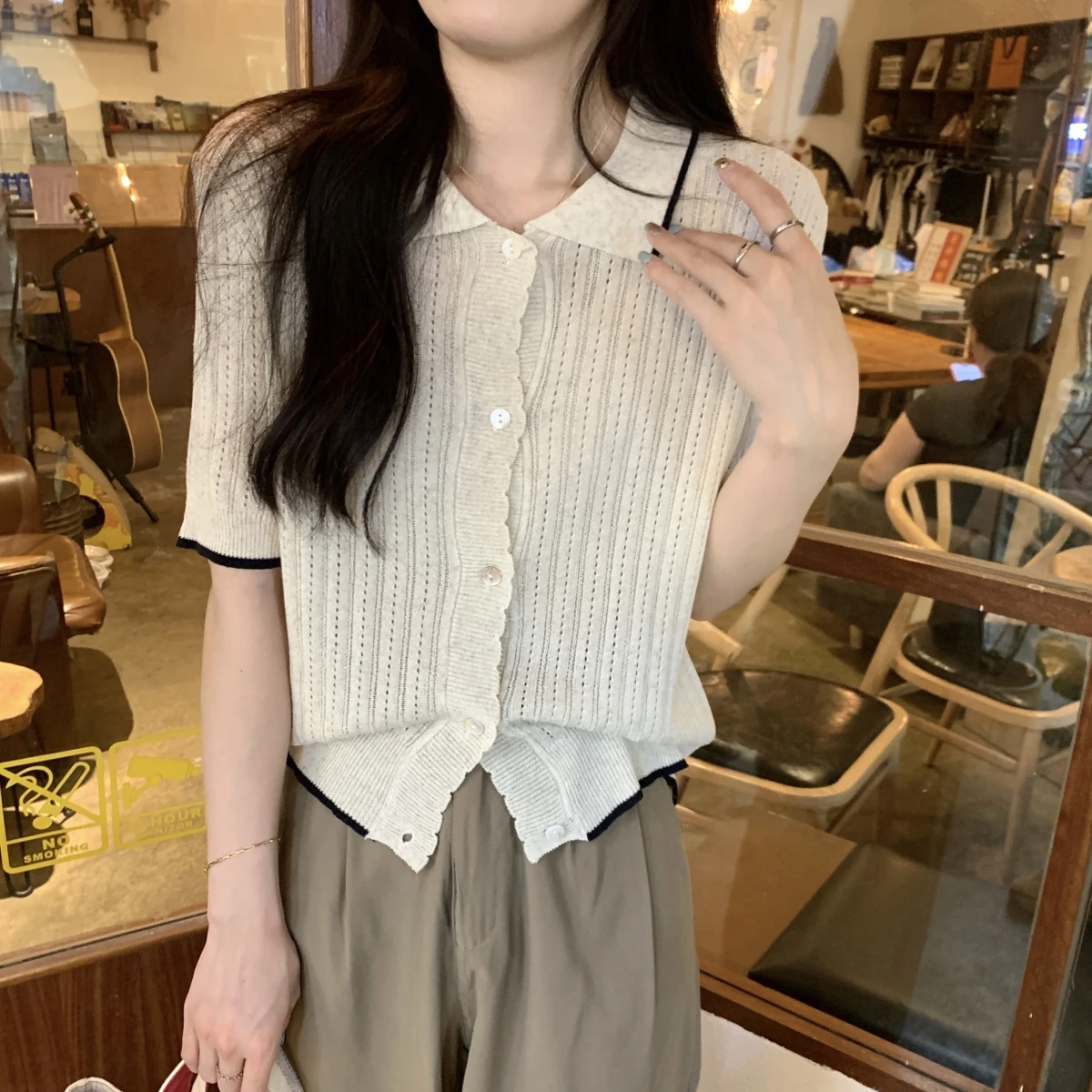 Vintage Polo Collar Knitted Cardigan Women Tops Korean Fashion Short Sleeve Solid Sweater Hollow Out Office Lady Blouse