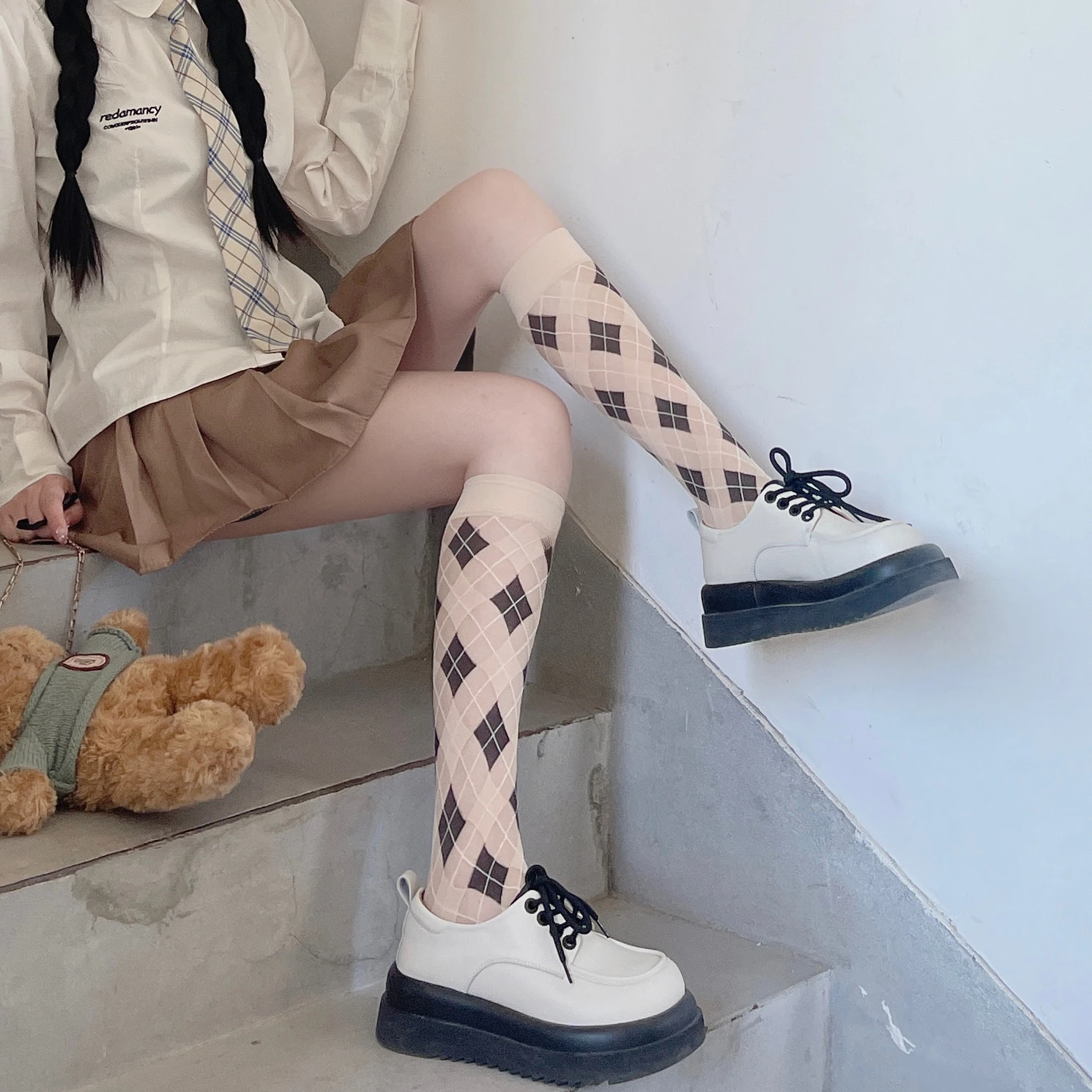 Velvet Thin Women Stockings Japanese Style Plaid School Girls Knee Socks Stockings JK Lolita Kawaii Cute Long Socks Stockings