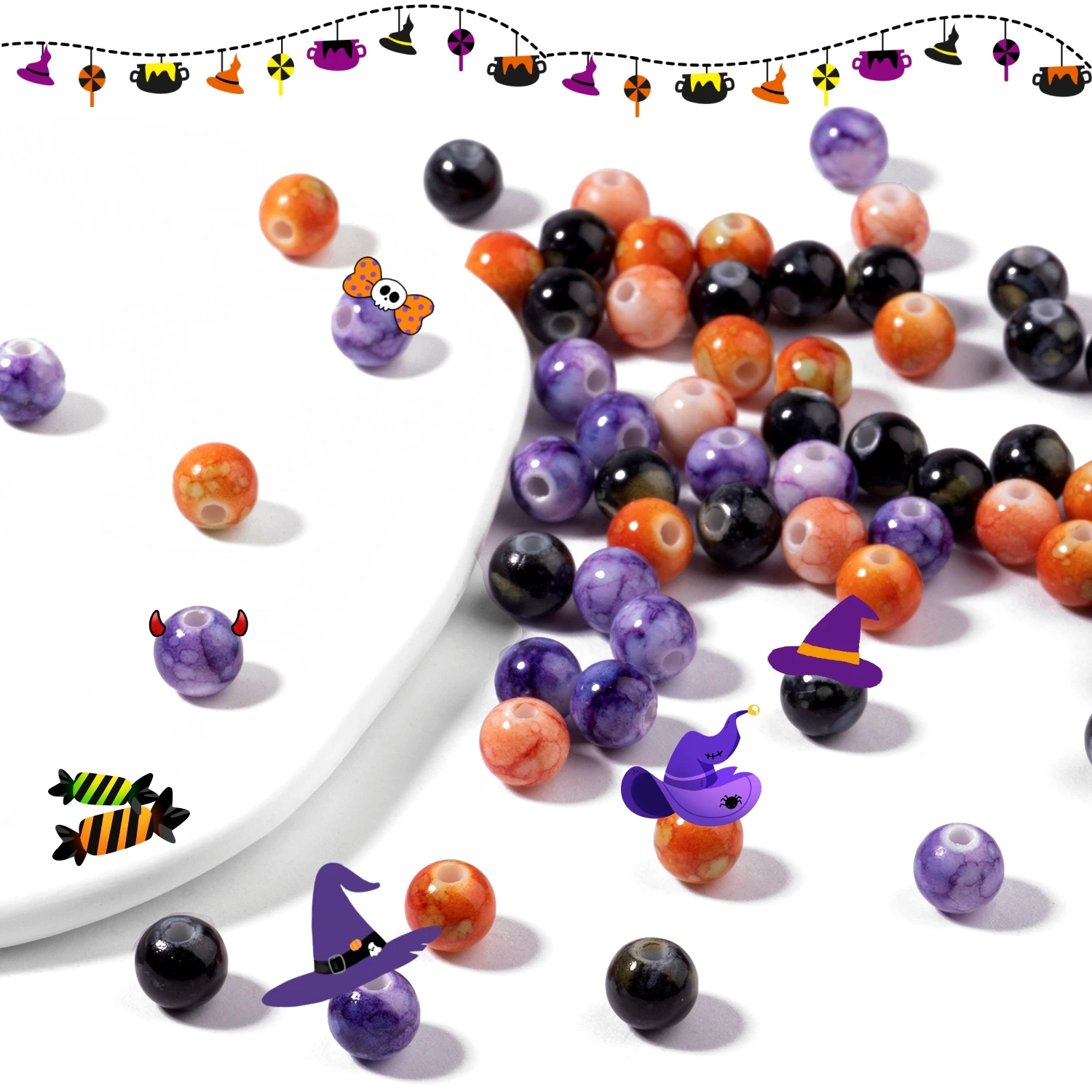 100pcs 8mm Cracked Pattern Halloween Color Scheme Acrylic Beads for DIY Holiday Home Decorations Friendship Charms Bracelet Gift
