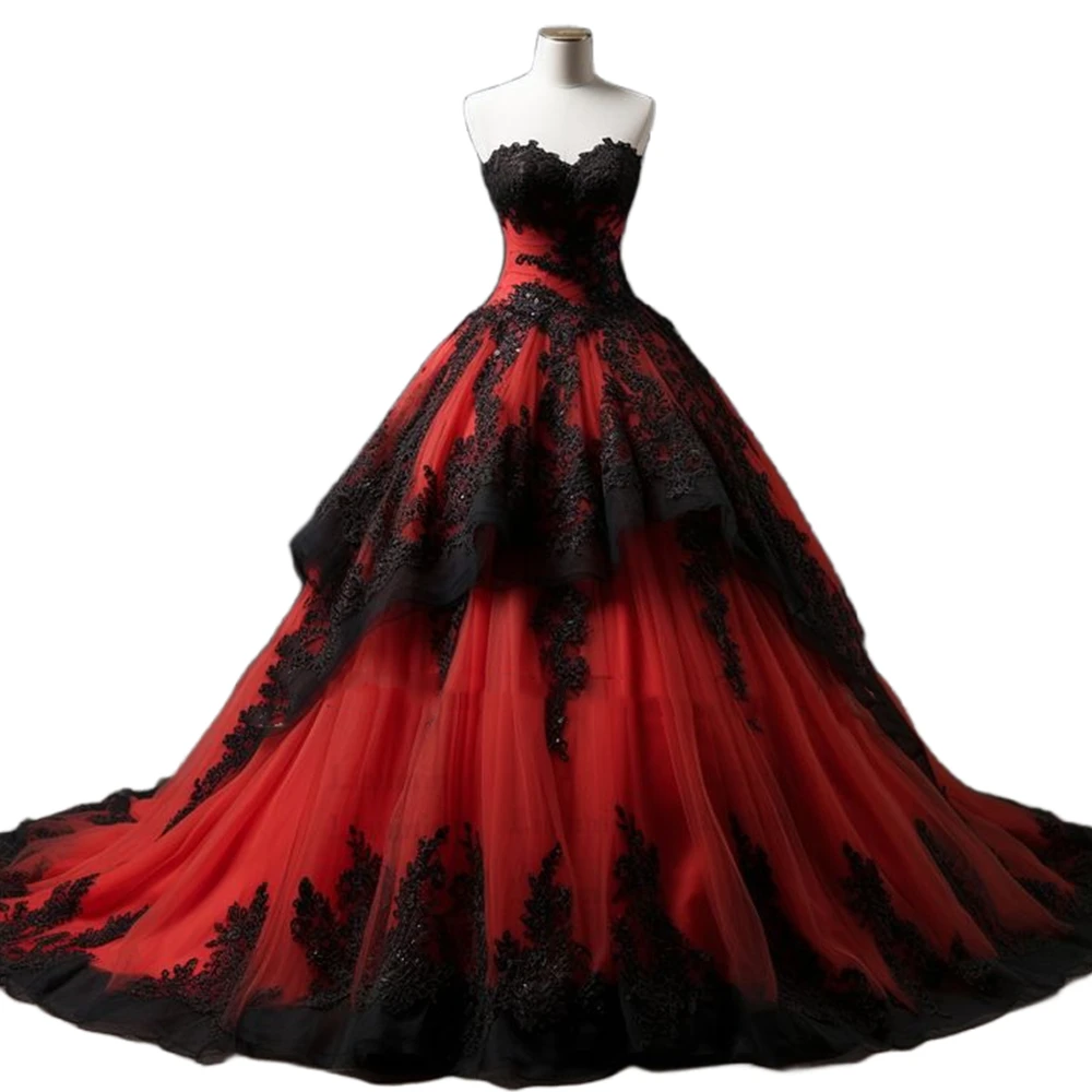 Vestido de novia rojo oscuro con negro, Apliques de encaje, vestido de baile sin tirantes, vestidos de novia Vintage personalizados