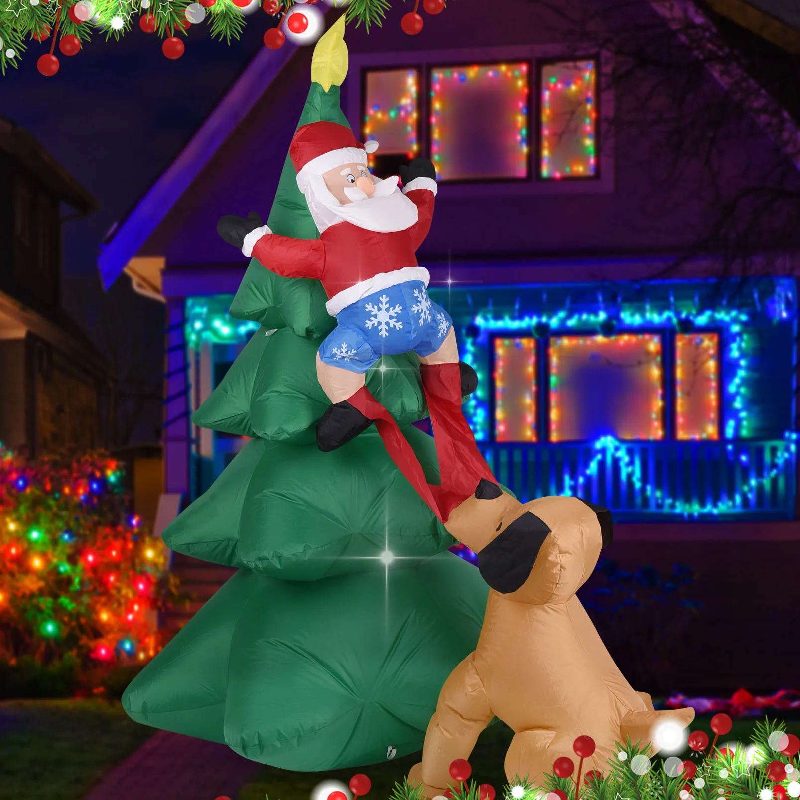 Christmas Inflatable Dog  w/Santa Claus Climbing Tree Lighted Blow Up Outdoor Yard Lawn Decoration for Home Garden Holiday Party view 6