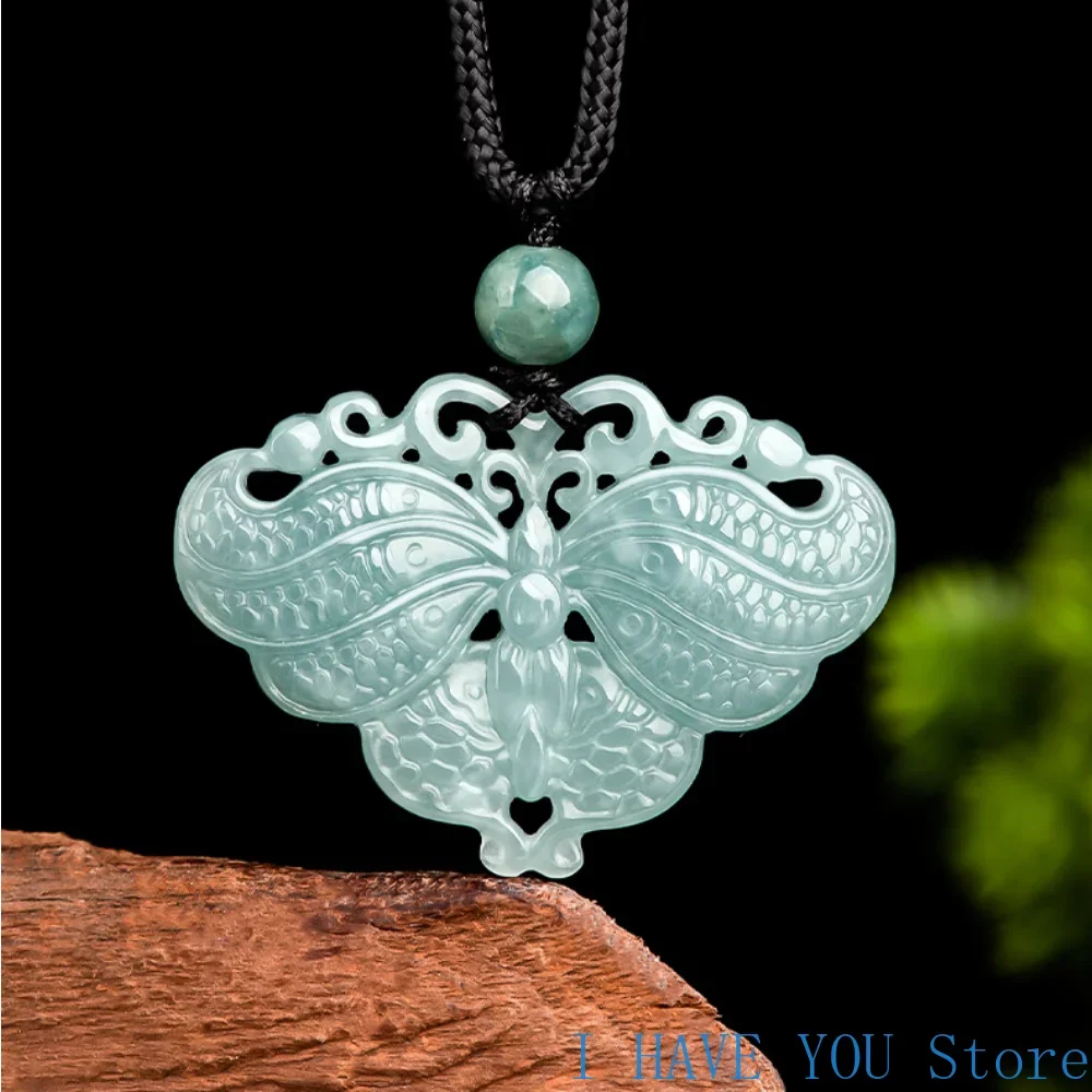 

Natural A Jade Pendant with Blue Water Butterfly Double Sided Carved Pendant Sticky Jade Pendant for Women's Jade Necklace