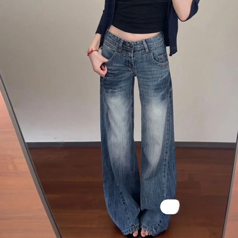 

Джинсовые джинсы Bell Bot с низкой талией, женские джинсы с высокой талией, изогнутый нож, американский ретро, свободный крой, утягивающие широкие брюки длиной до пола...