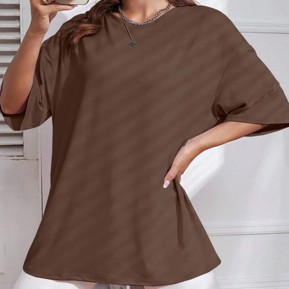 Womens Casual Tee Shirt Round Neck Short Sleeve Loose Fit Solid Color Street Style Fashion Soft Comfortable Tops