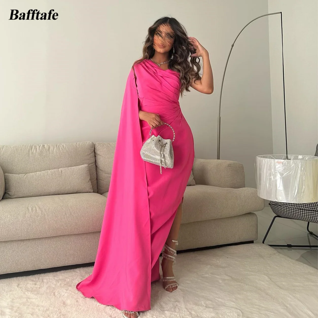 

Bafftafe Mermaid Saudi Arabic Prom Dresses Fuchsia One Shoulder Pleats Slit Side Women Formal Party Gowns Special Evening Gown