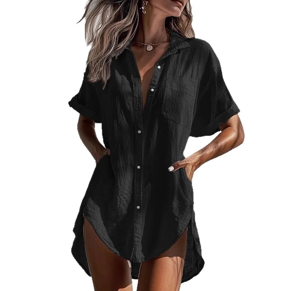 2026 Summer Casual Short Sleeve Irregular Long Cardigan Dress Women Multi-Fashion Roll-Sleeve Pocket Female Vacation Shirt Dress view 5