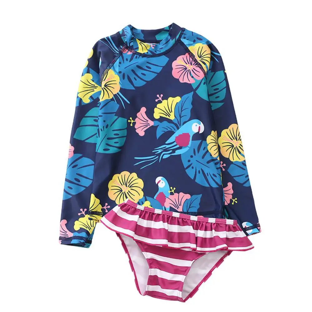 Baby Toddler Girls Rash Guard 2 Pieces Kids Long Sleeve Floral Bathing Suits Ruffled Sun Protection Swimwear 1-9 Years For Child