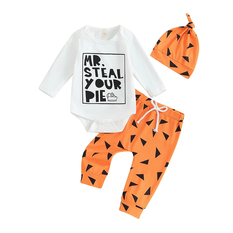 

Baby Girls Boys Halloween Outfits Letter Print Long Sleeve Rompers Geometry Print Long Pants Hat 3Pcs Fall Clothes Set