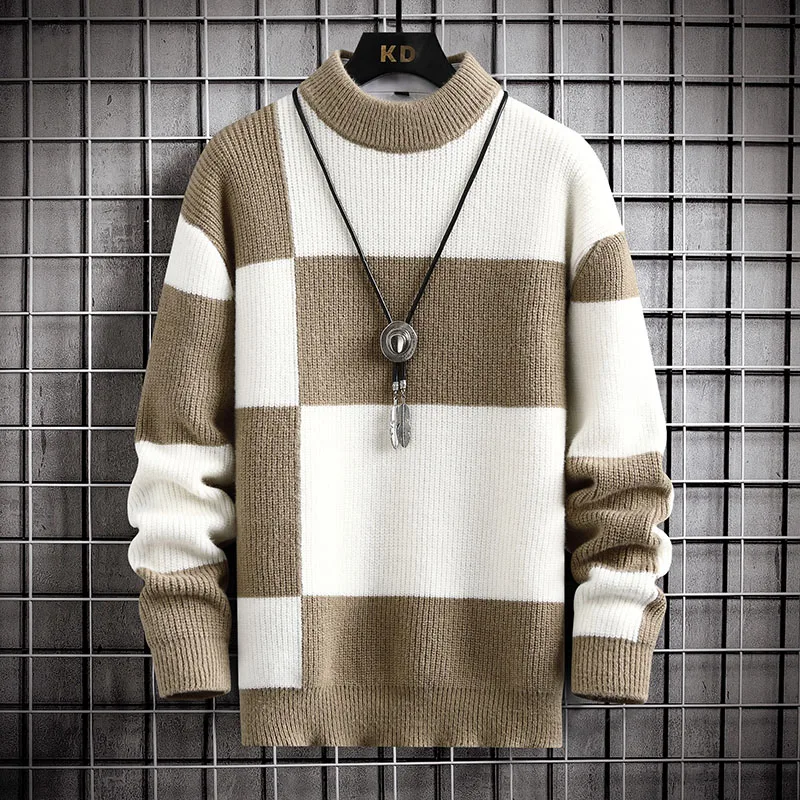 Brand Clothing Warm Autumn Winter Sweaters Men Casual Patchwork Color Knitted Pullovers Male Plaid Round Neck Sweater Man 4XL-M