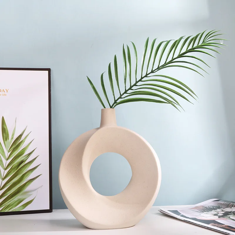 Nordic Ceramic Vase Circular Hollow Donuts Flower Pot Home Living Room Decoration Accessories Interior Office Desktop Decor Gift