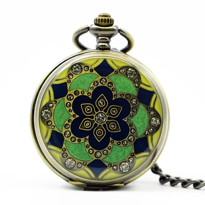 Montre de poche mécanique rétro en émail fleur verte, collier Antique, chaîne pendentif pour hommes et femmes, montres Fob PJX1200