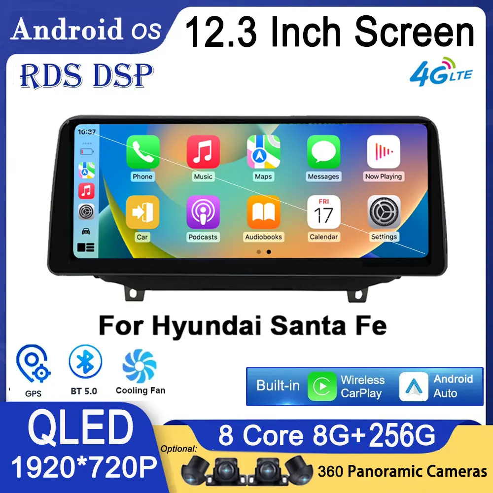 

12.3 Inch QLED DSP For Hyundai Santa Fe 2017 2018 2019 2020 2021 Android 14 Octa Core 1920*720 Car Stereo GPS Radio With Screen