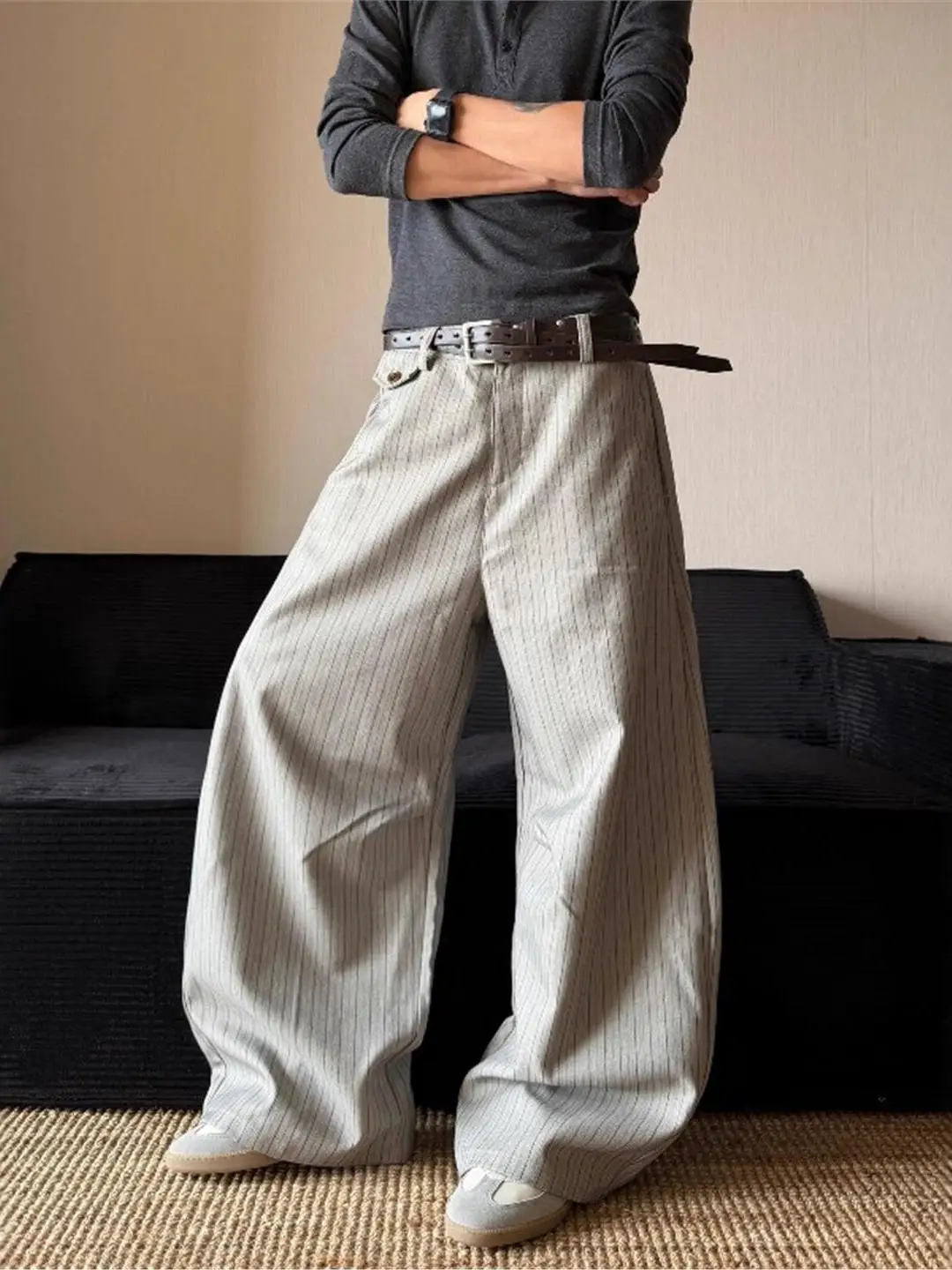 

American Retro Striped Wide Leg Pants Loose Straight Fit Casual Trousers for Men Youth Faion Autumn Season Cool Sle