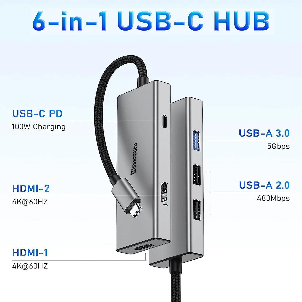 Minisopuru USB C Hub 4K USB type C to 2 HDMI Multiple USB ports PD 100W Charging Adapter for Dell XPS 13/15 Lenovo Yoga USB  HUB