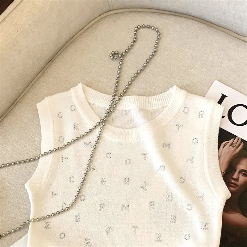 2024 Summer Slim Knit Sweater Vest Women Sexy Korean Fashion Ladies Crop Tops Letters Rhinestones Sleeveless O-neck Jumpers