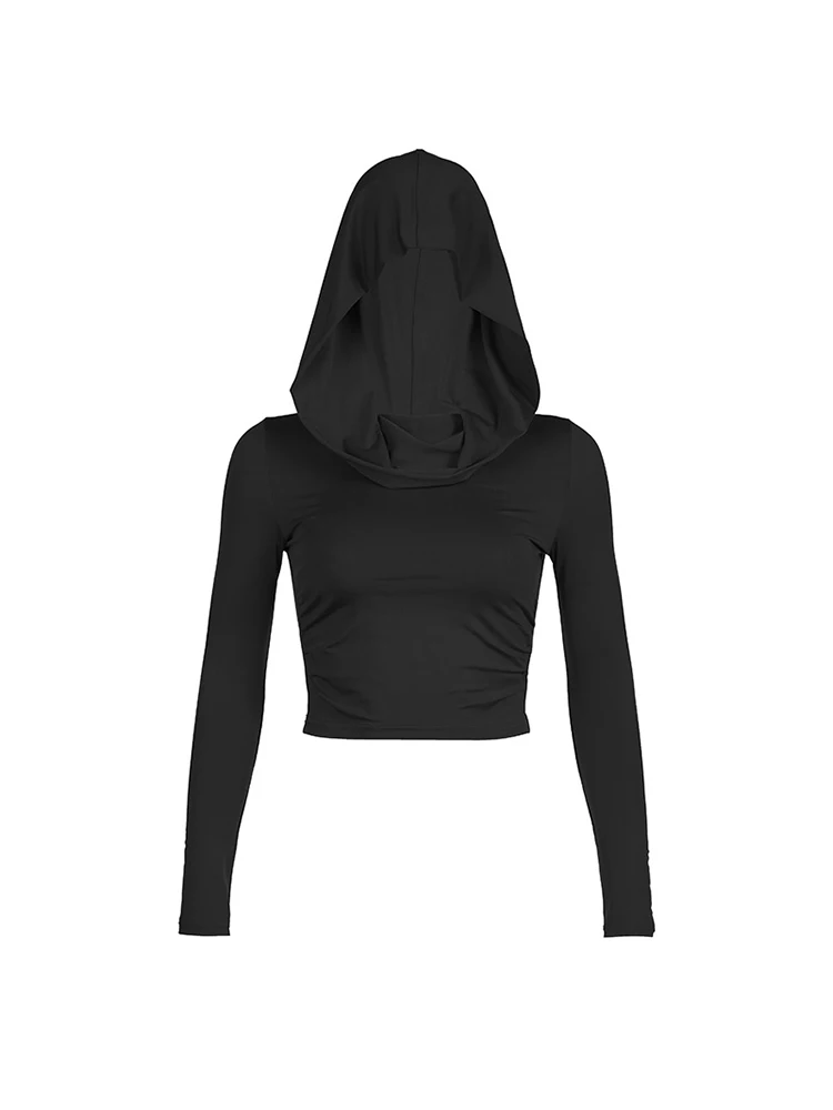 Women's Hooded Crop Tops Autumn Solid Color Long Sleeve Cowl Neck Slim Fit Short T-Shirt Streetwear Sporty Basics Tees