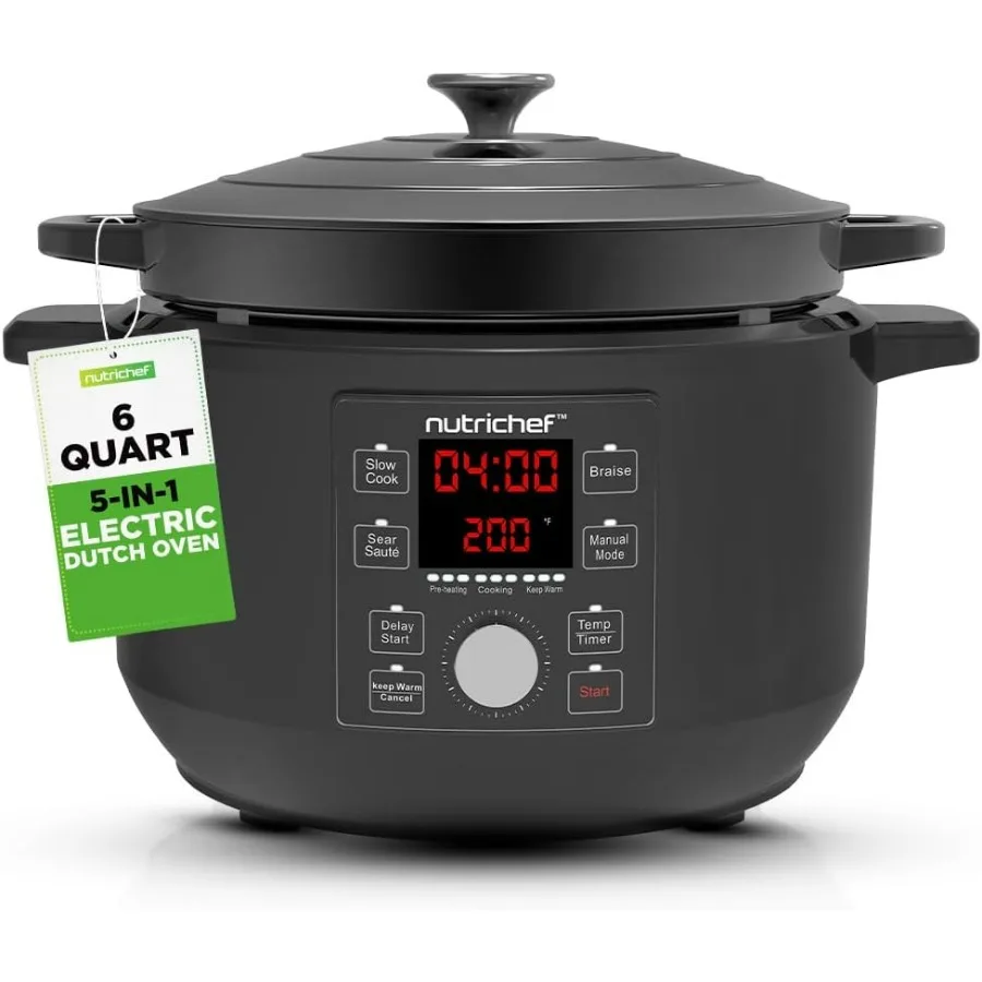 

6-литровая электрическая голландская печь | Чугунный горшок 5-в-1 с эмалированным покрытием 1500 Вт и крышкой из нержавеющей стали | Точный контроль температуры |