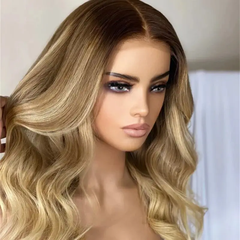 

Ombre Golden Blonde Soft HD Lace Front Wig Preplucked Hairline with Baby Hair Natural Body Wave Wig High Quality Synthetic Wig