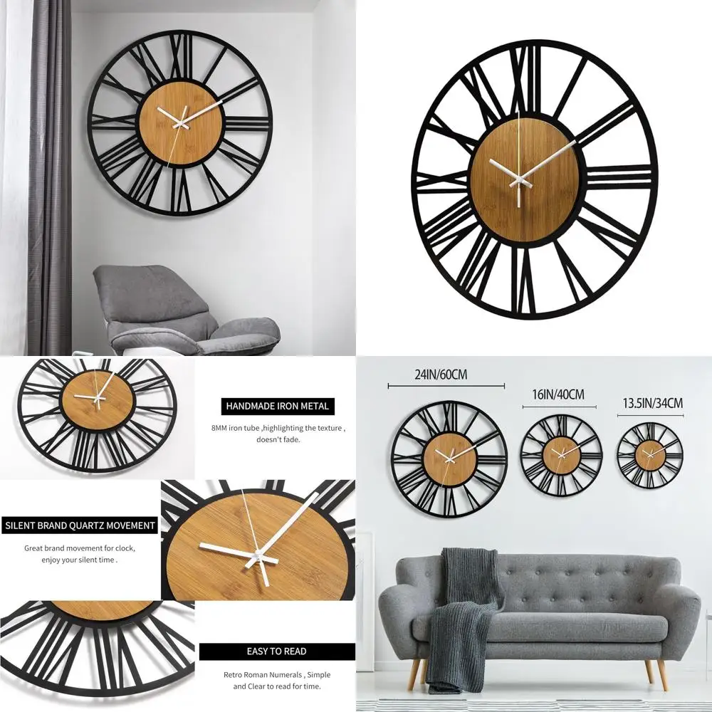 

Vintage 24 Round Silent Wall Clock, Black Metal & Modern Wood, Roman Numerals, Suitable for Home, Bedroom, Kitchen, Garden, Offi